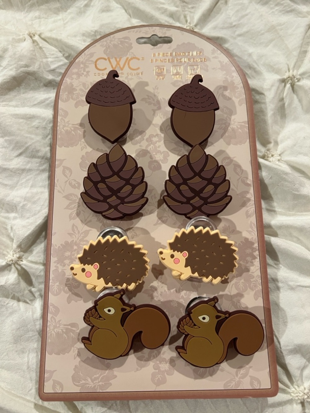 8 brown bag clips featuring squirrels hedgehogs pinecones acorns